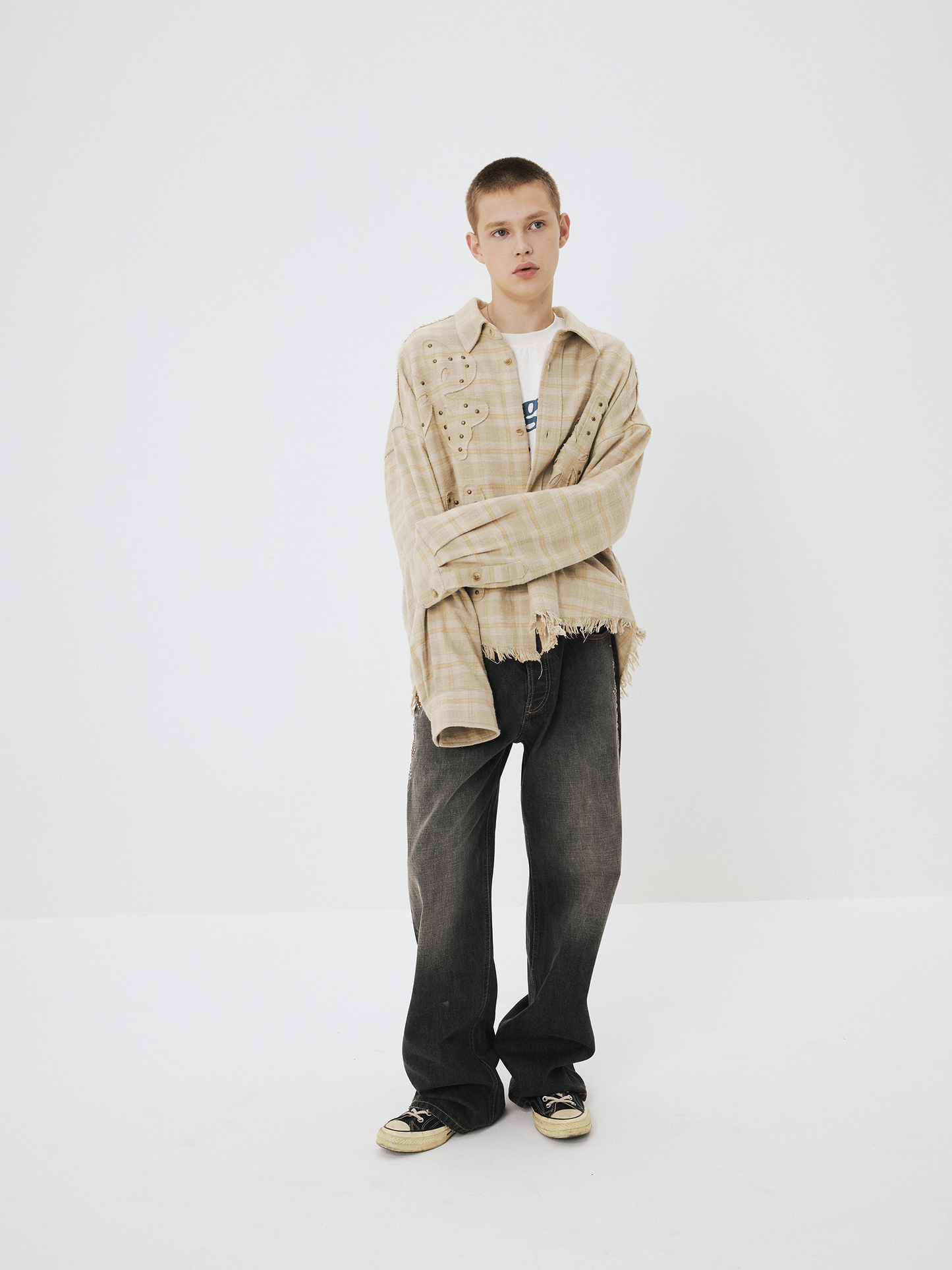 Oversized Patchwork Check Shirt with Studs