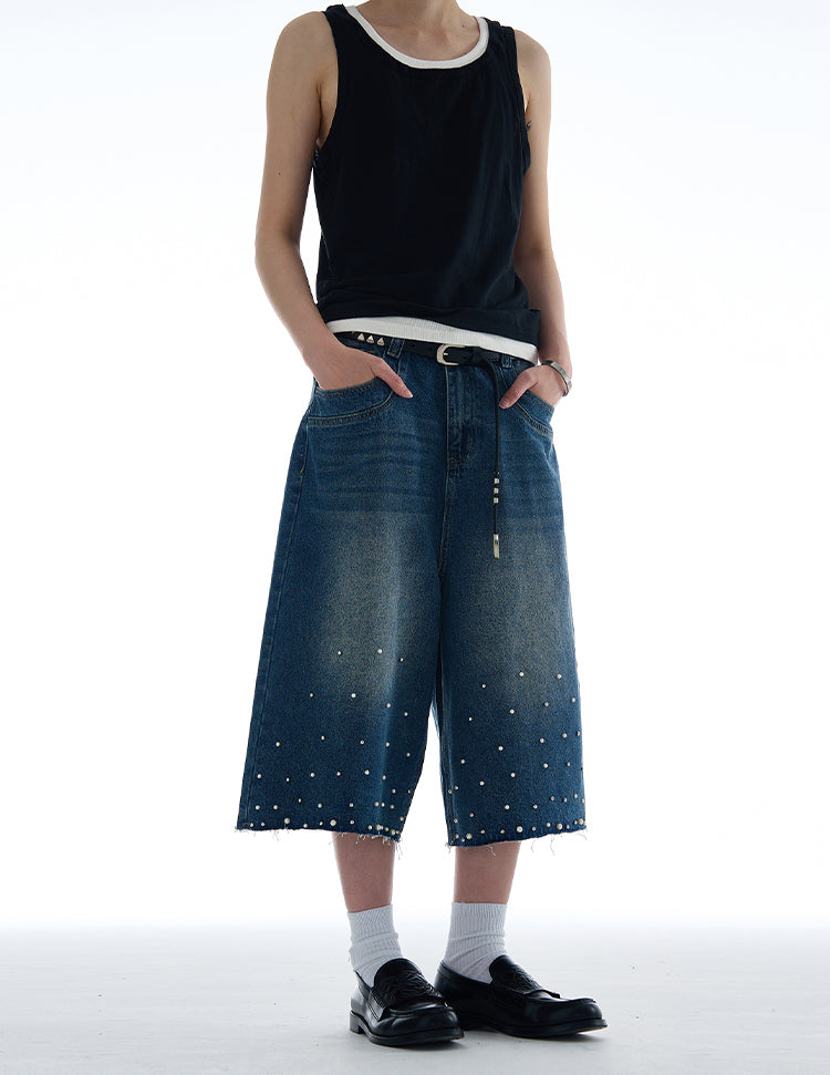 Niche pearl inlay design denim pants