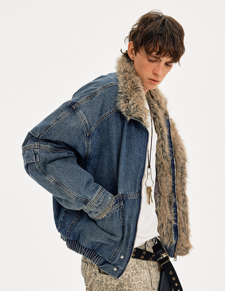 Denim jacket with fur collar
