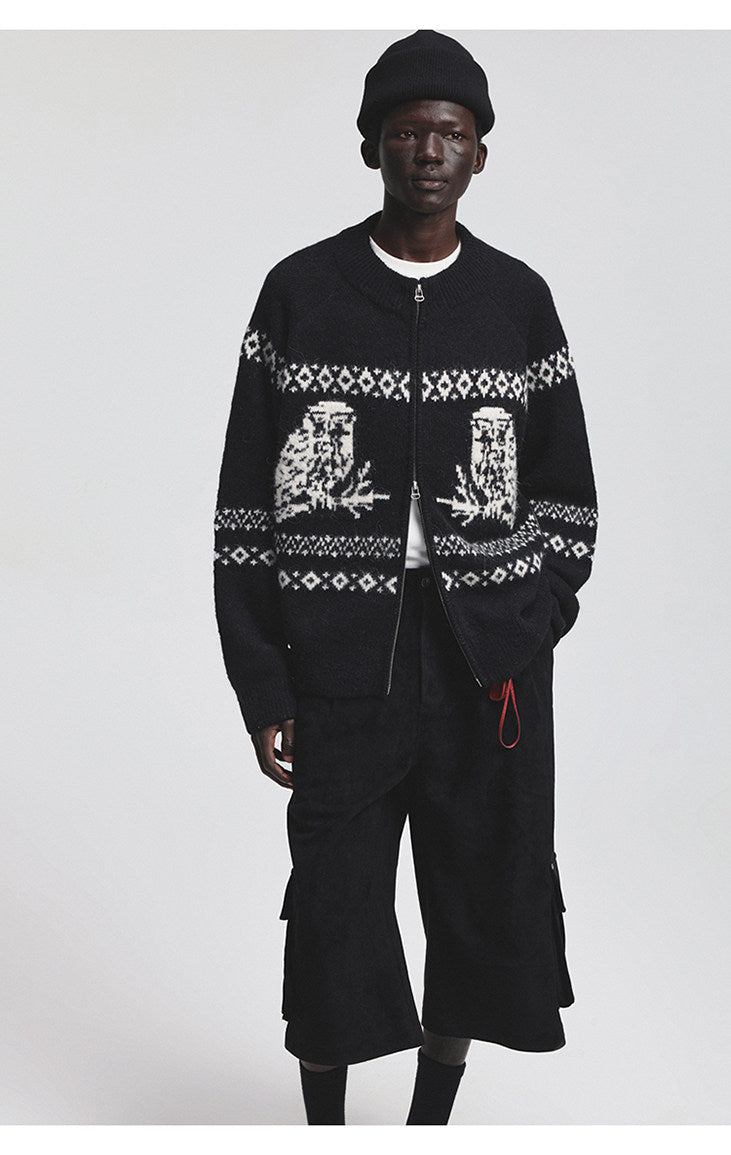 Vintage Animal Jacquard Zipper Cardigan