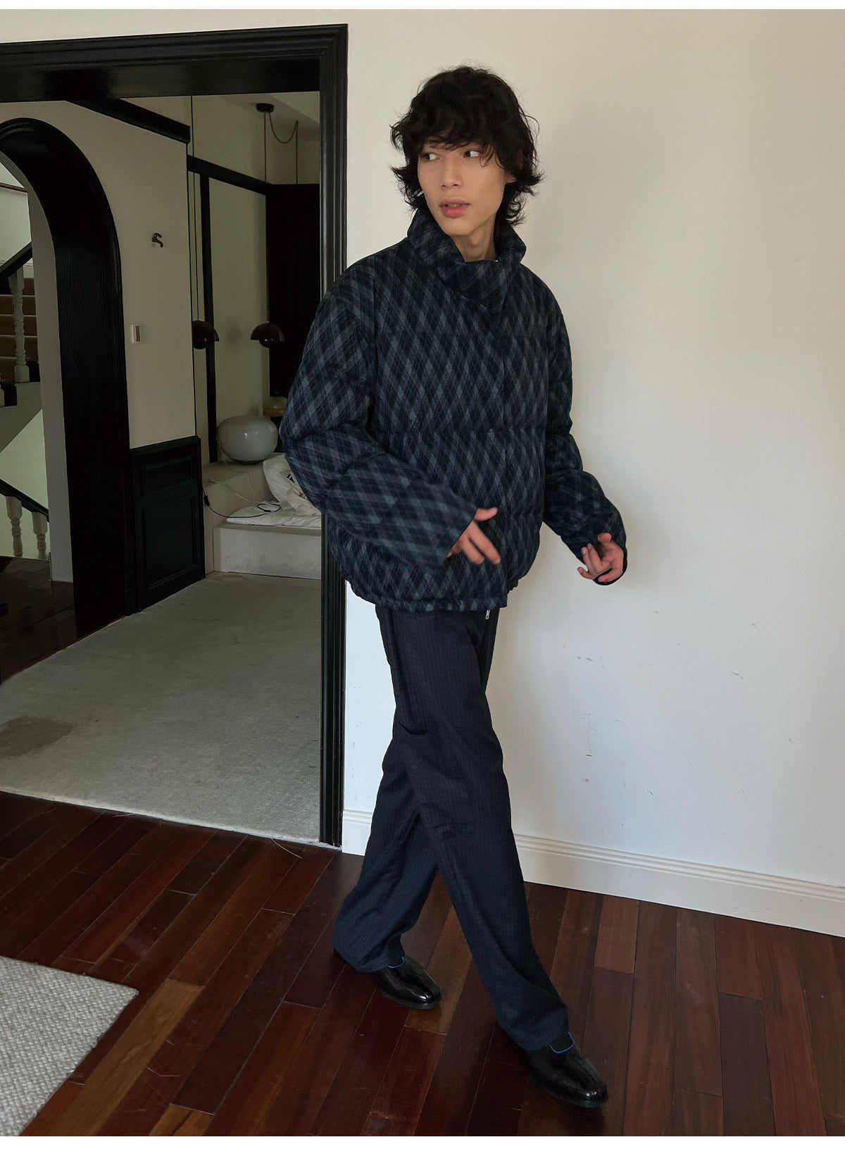 Diamond-Check Stand-Collar Down Jacket