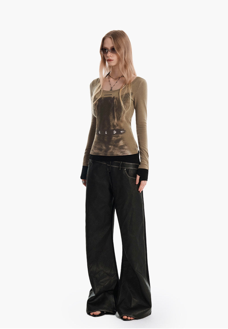 Faux Two-Piece Double-Waist Patchwork Leather Pants