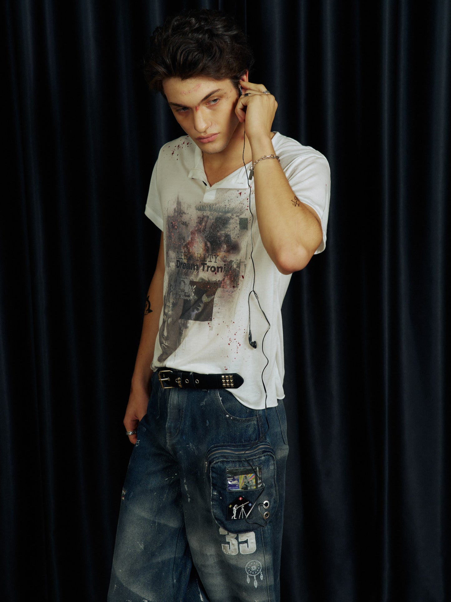 Ink Splash Print Henley Neck T-Shirt