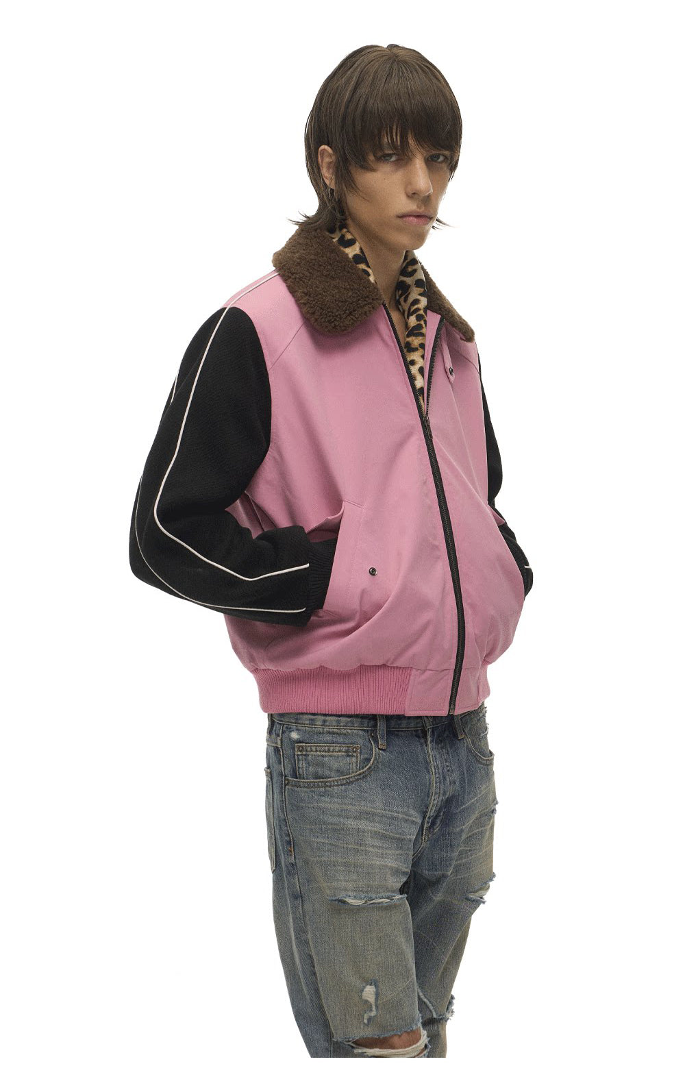 Lambswool Lapel Contrast-Color Sports Jacket