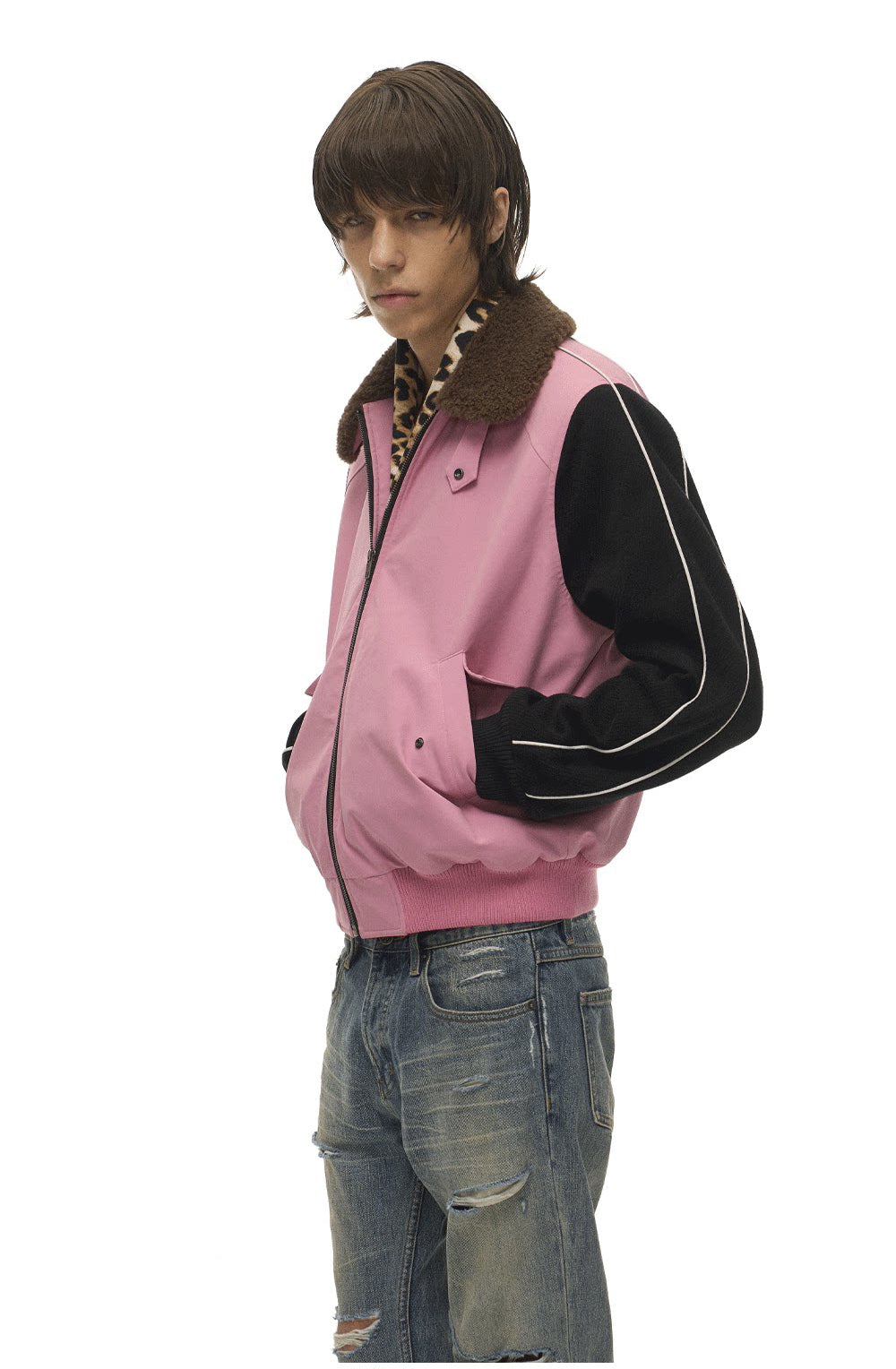 Lambswool Lapel Contrast-Color Sports Jacket