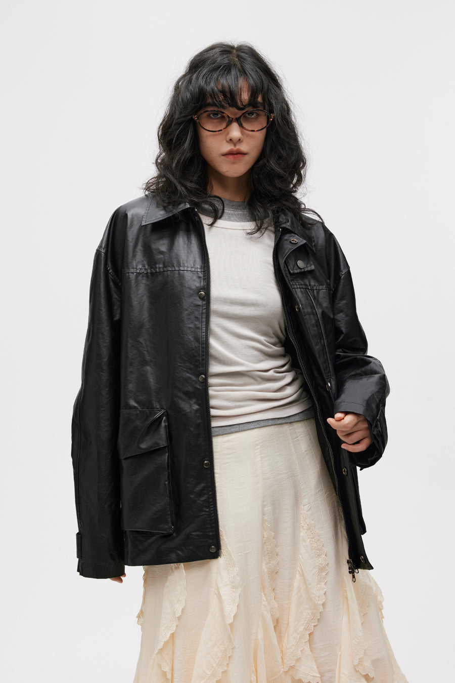 Imitation leather mid-length jacket