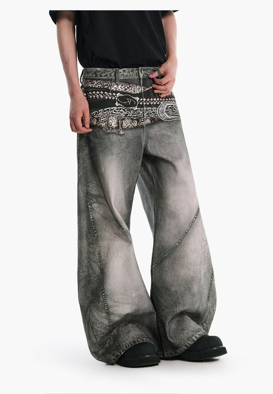 Printed Retro Curved Jeans