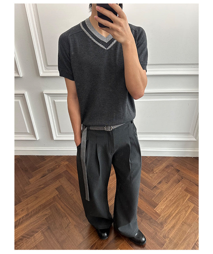 Casual Pants with Double Pleats and Detachable Belt
