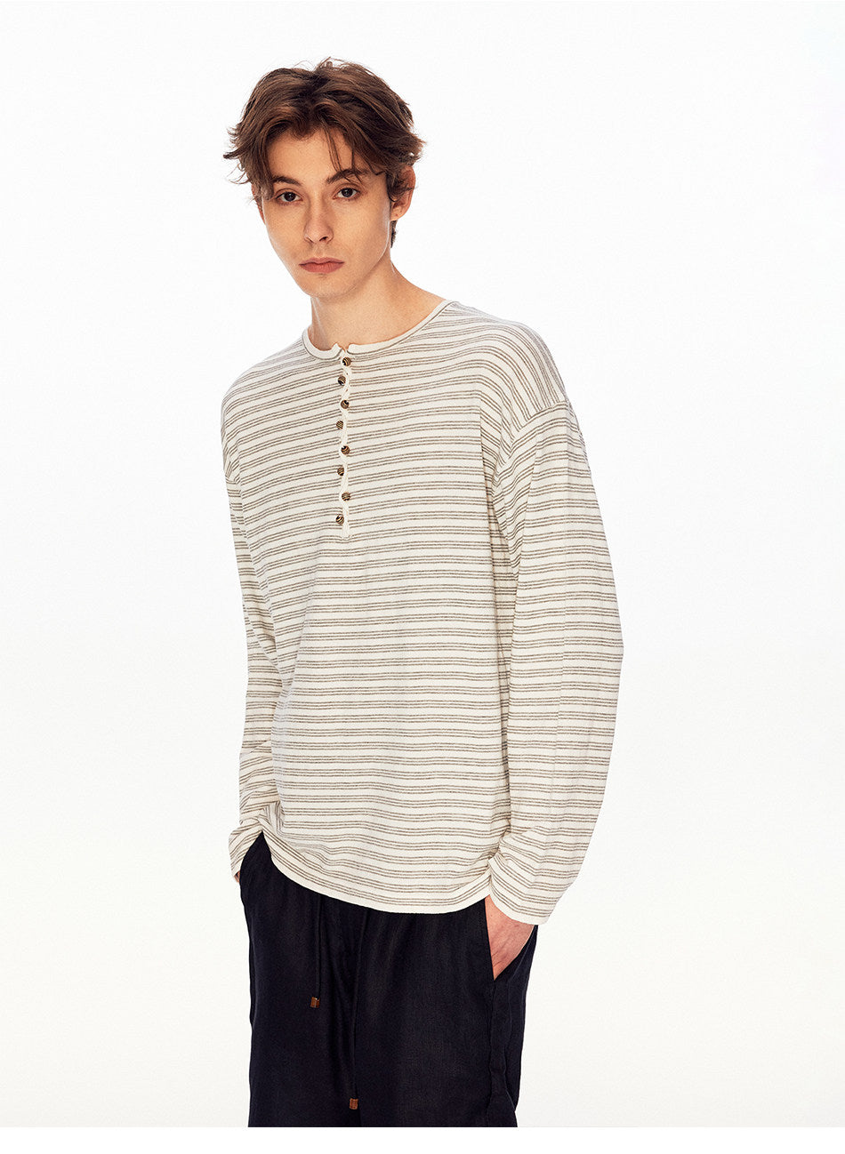 Henry-Collar Linen Striped T-Shirt