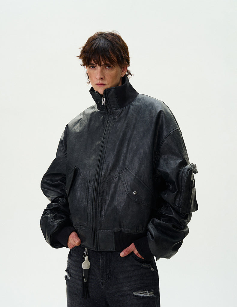 Washed Bomber PU Leather Jacket