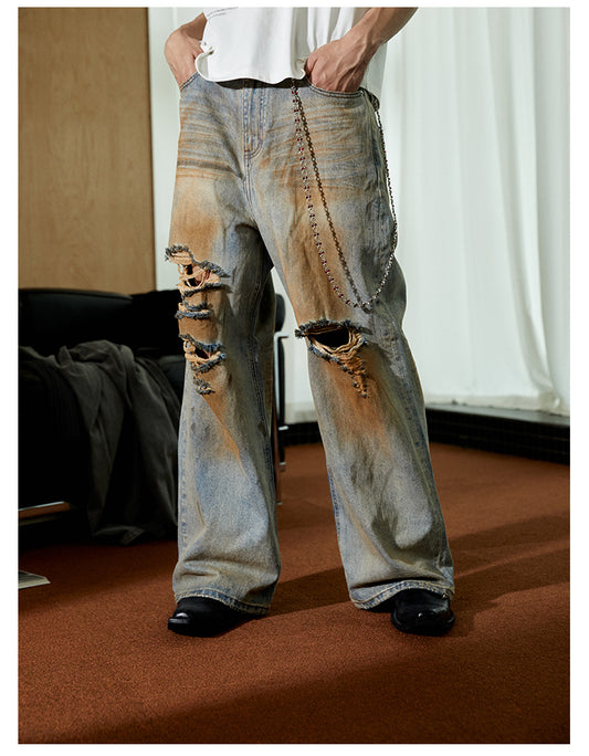 Wide Leg Mud Dye Damaged Denim Pants