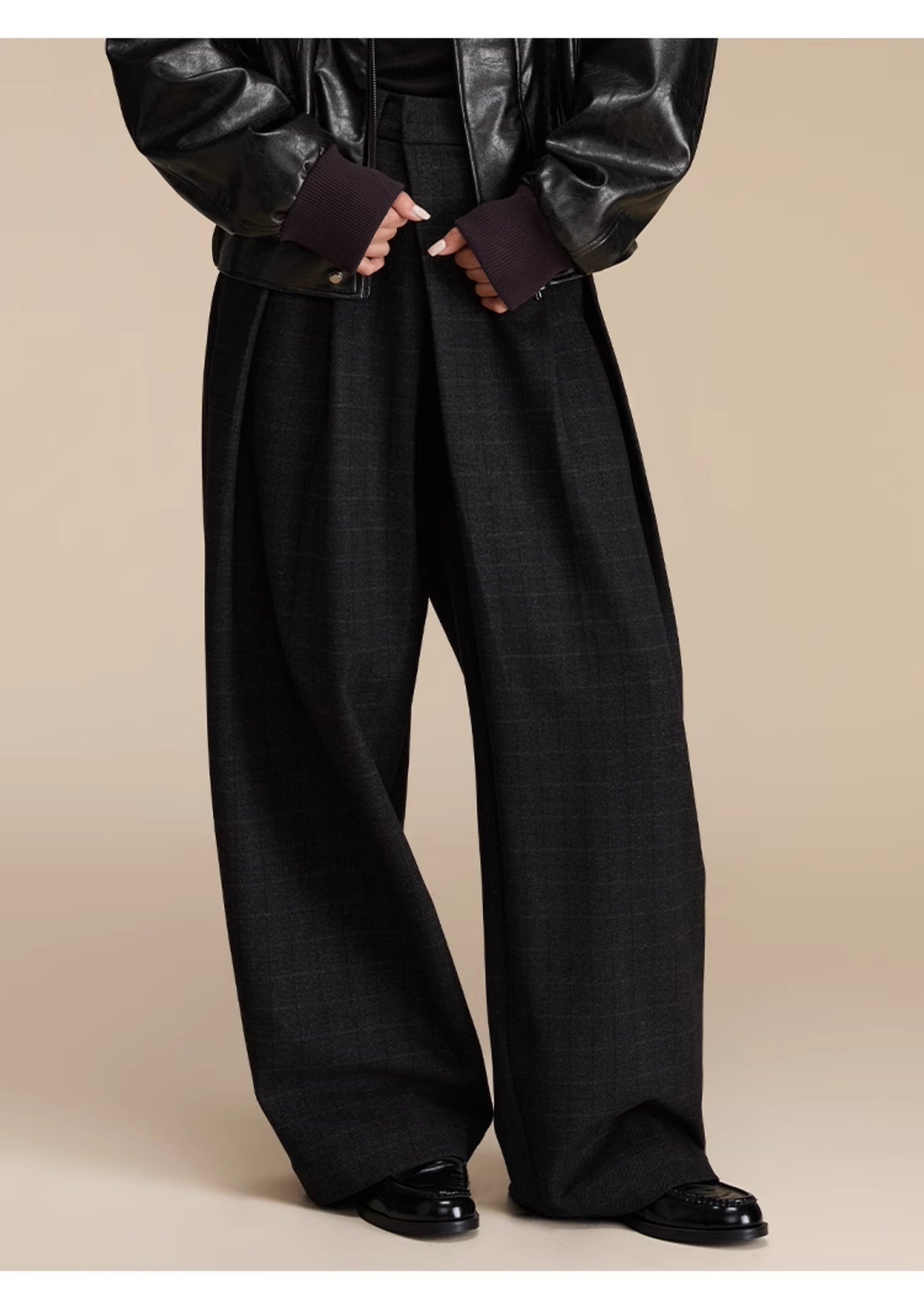 Retro Check Pattern Wide Leg Casual Pants