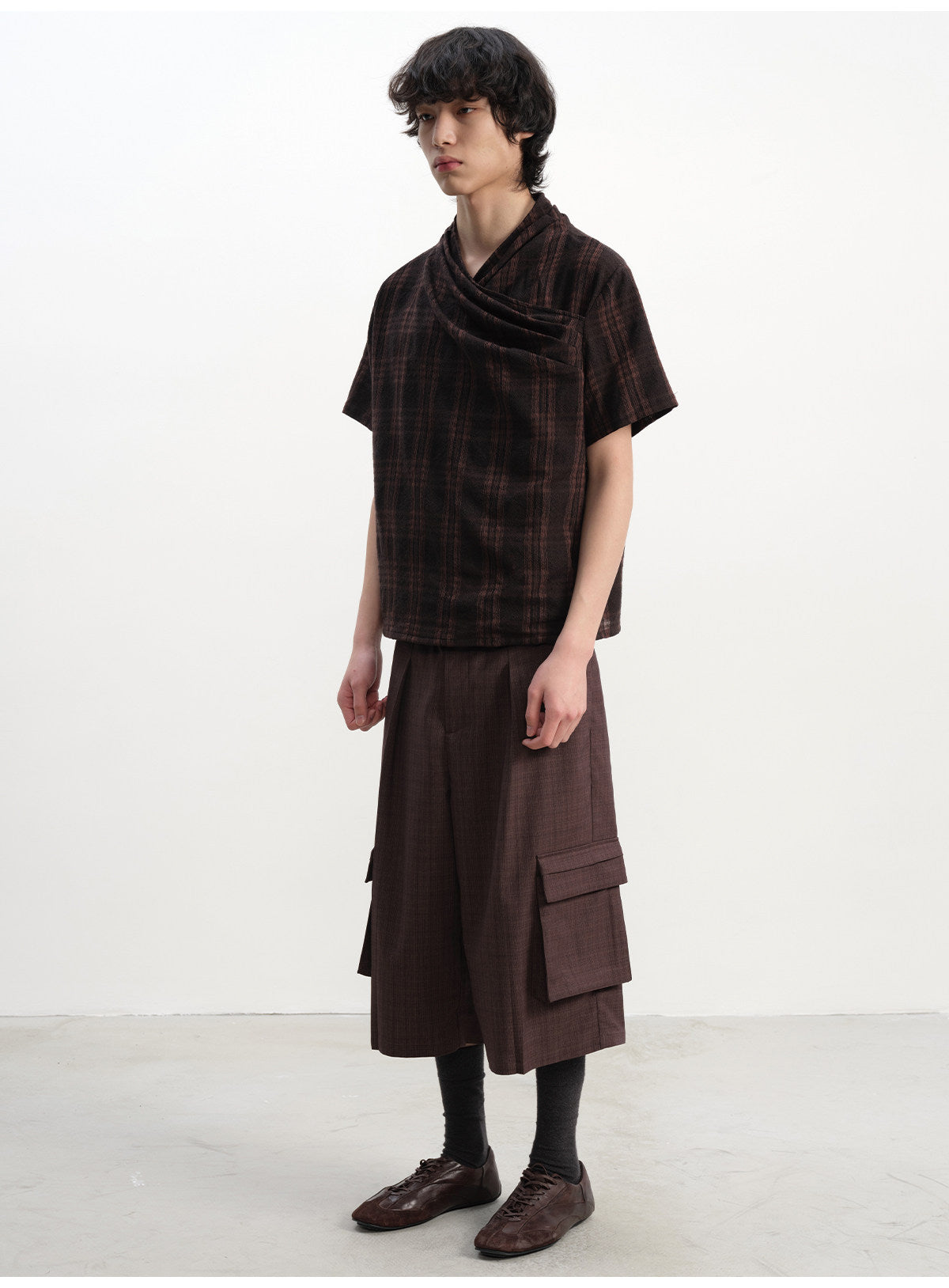 Pleated Cross-Neck Shirt