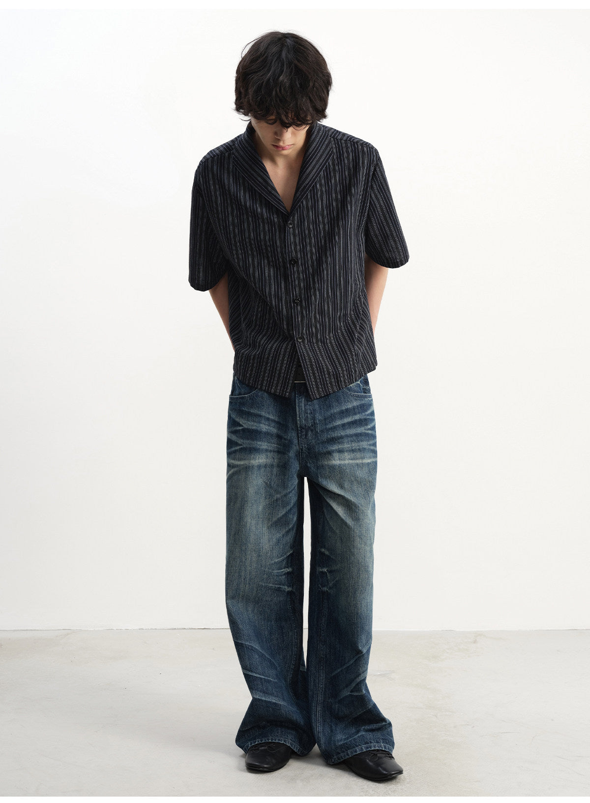 3D Pleated Washed Denim Pants