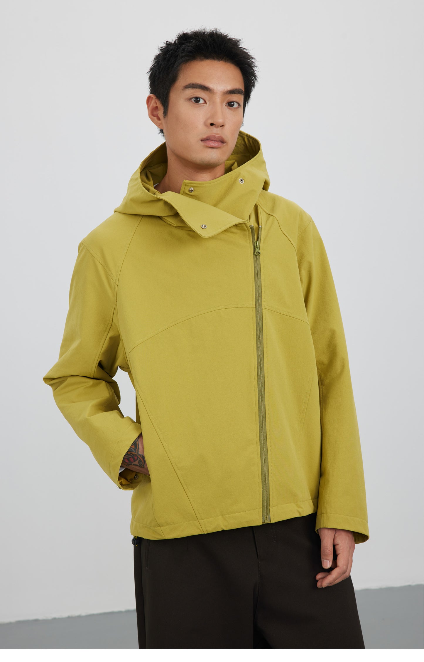 Diagonal Placket High Collar Hooded Jacket