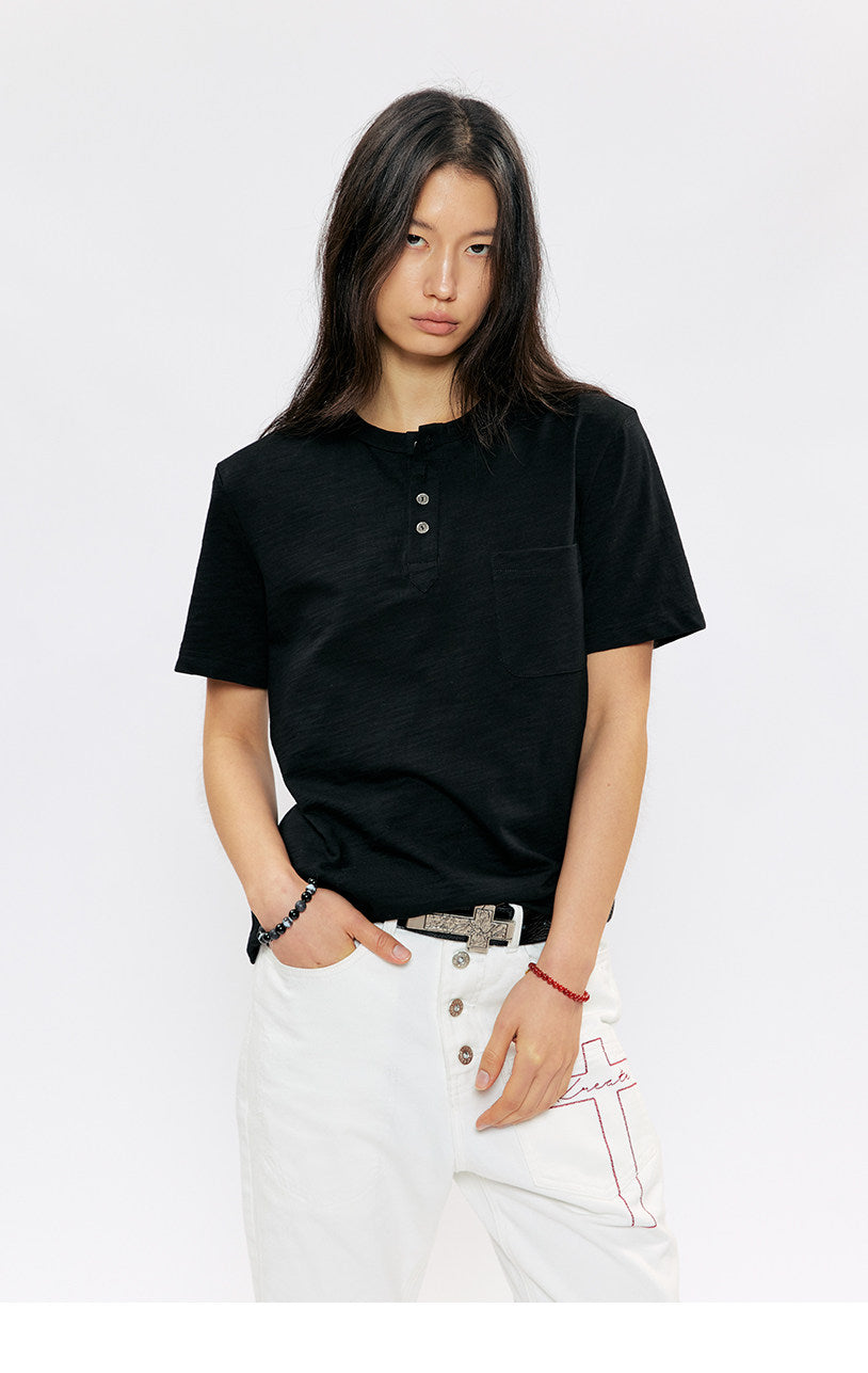 Henry Collar Casual Shoulder Slim T-Shirt