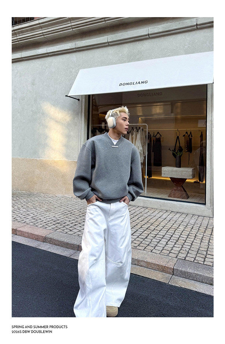 Wide-Shoulder Airy V-Neck Sweatshirt