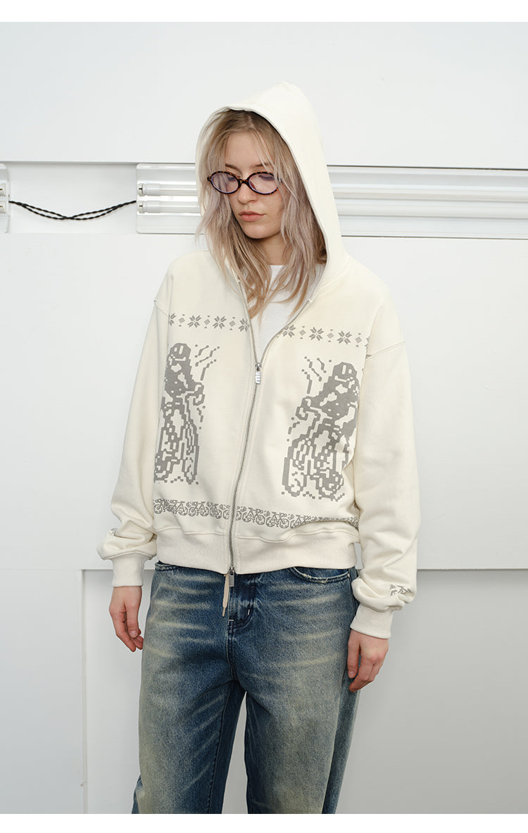 Printed Hooded Zipper Sweatshirt