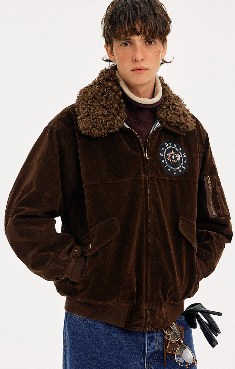 Retro Embroidery Faux Suede Collar Jacket