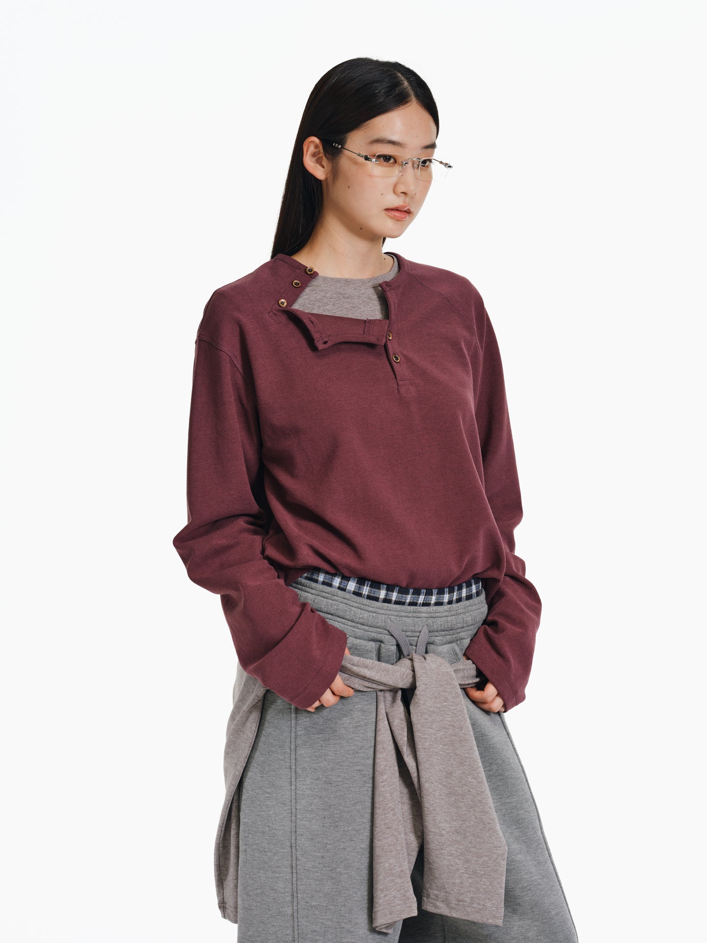 Henry Collar Diagonal Button T-Shirt