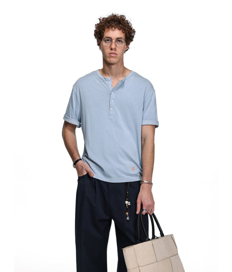 Letter-Embroidered Henley Collar T-Shirt