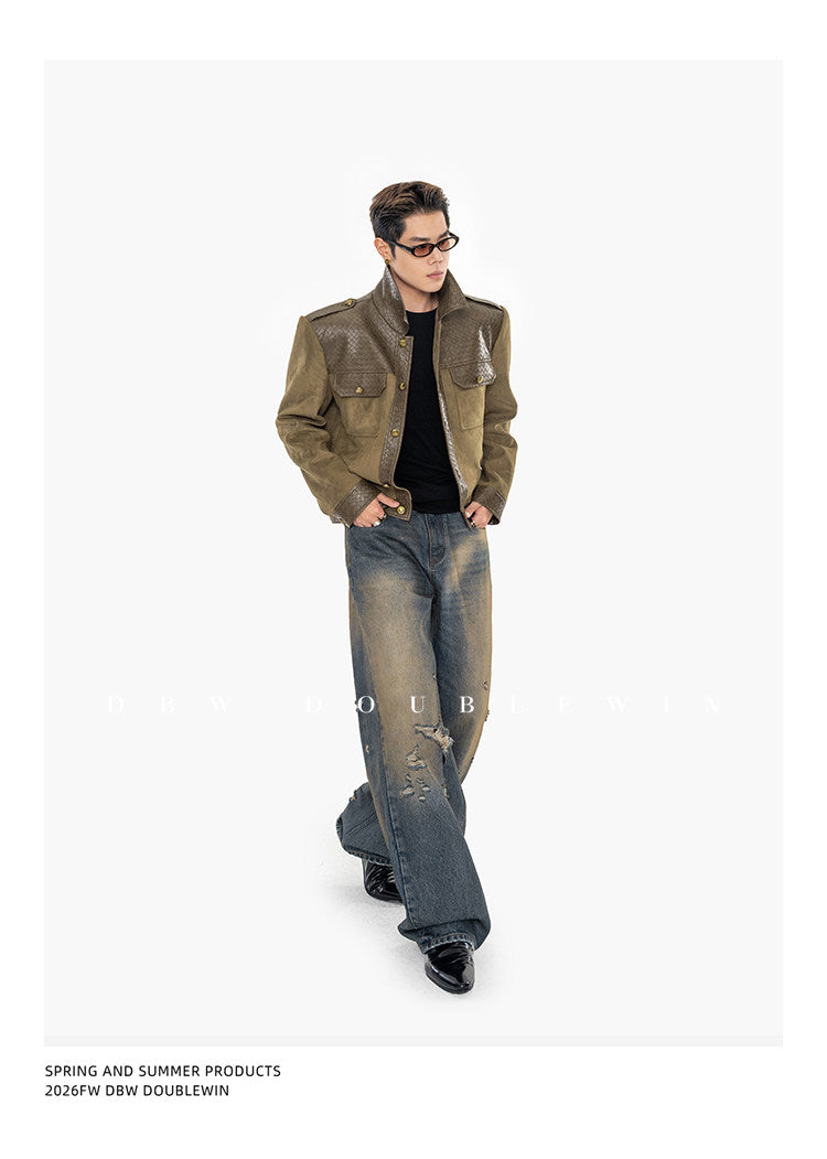 Textured Leather Patchwork Suede Short Jacket