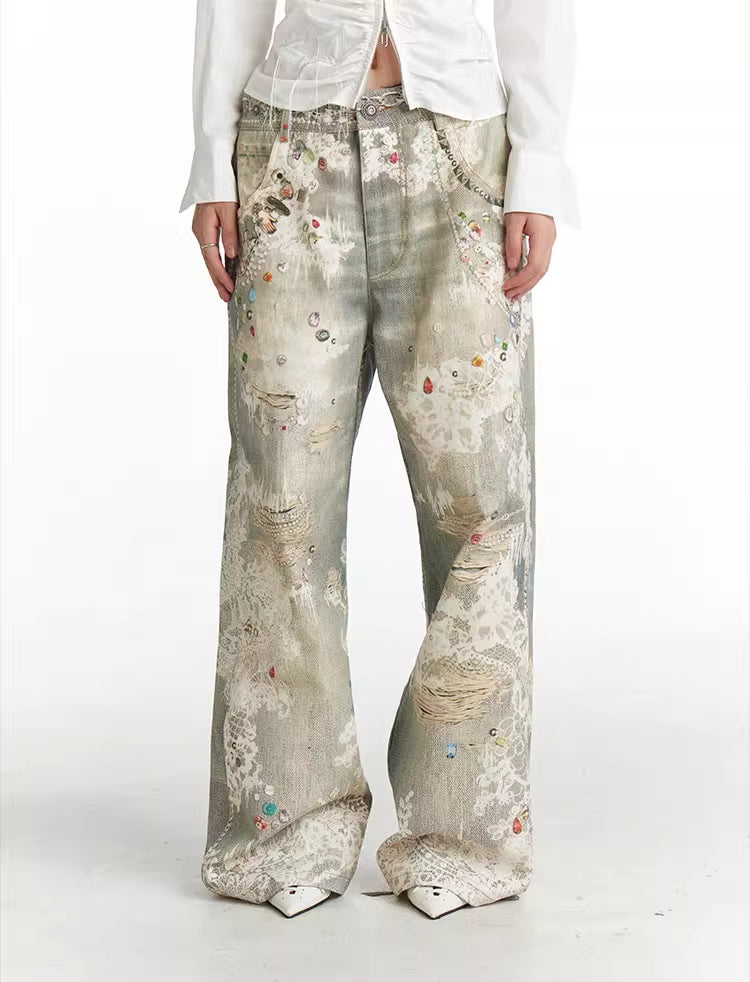 Lace Pattern Straight Bootcut Jeans