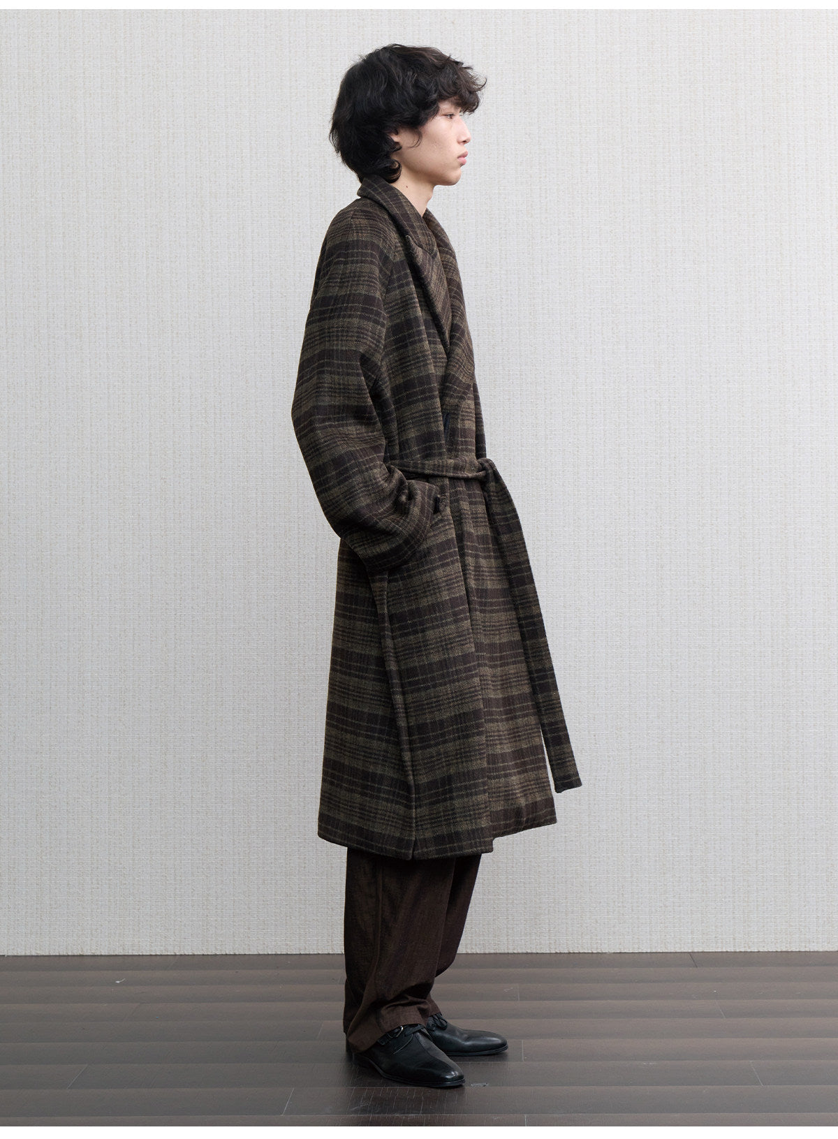 Long Wool Coat with a Check Pattern