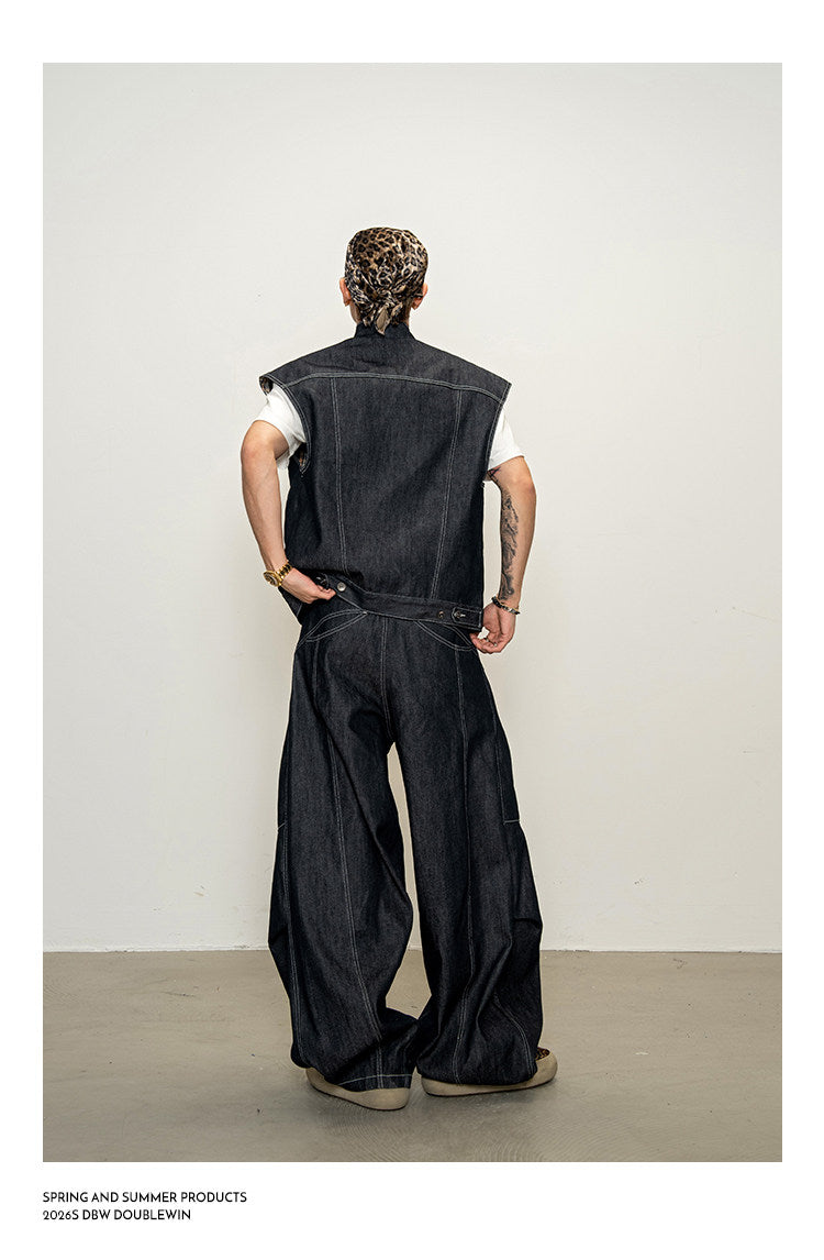 Lined Stand-Up Collar Denim Vest