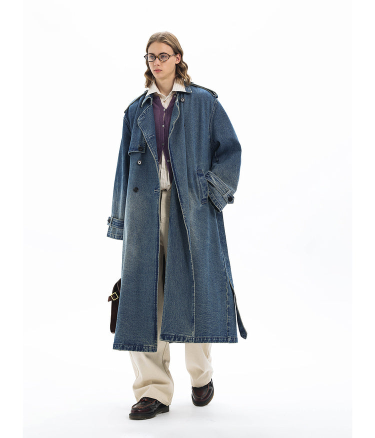 Double-breasted denim long coat