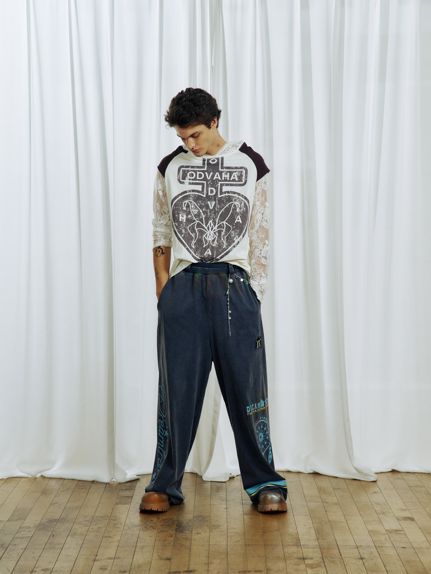 Lace-effect two-piece printed T-shirt