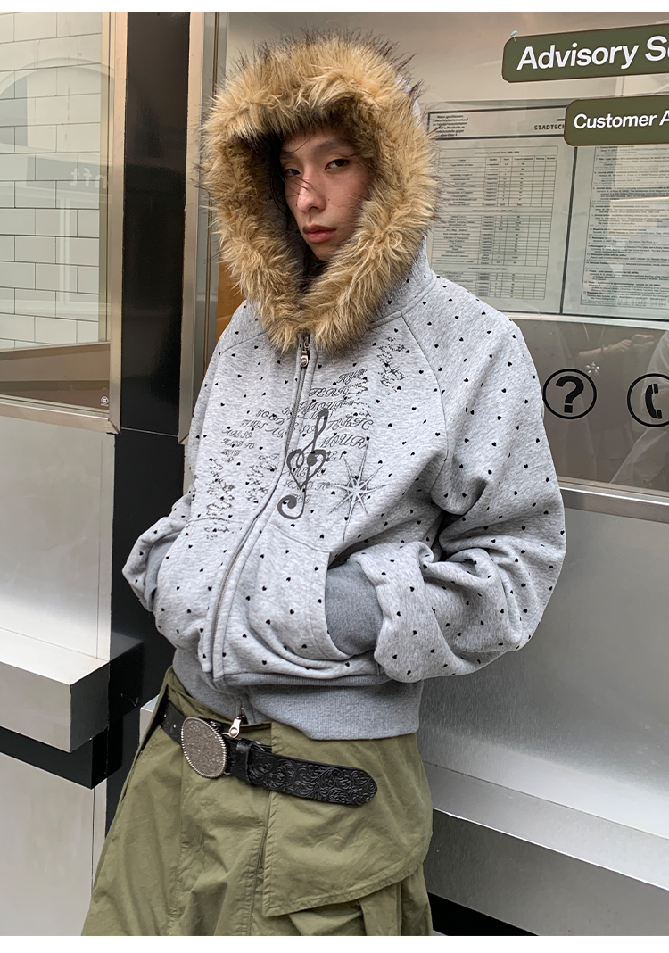 Heart-Print Polka Dot Hooded Sweatshirt