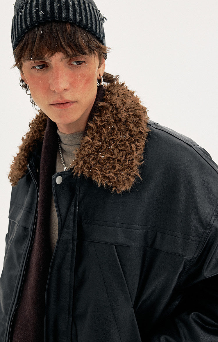 Detachable Fur Collar PU Leather Jacket