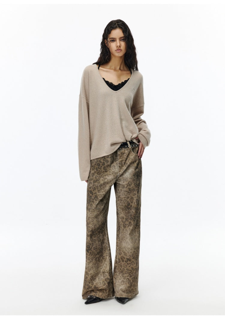 Leopard print wash wide leg jeans