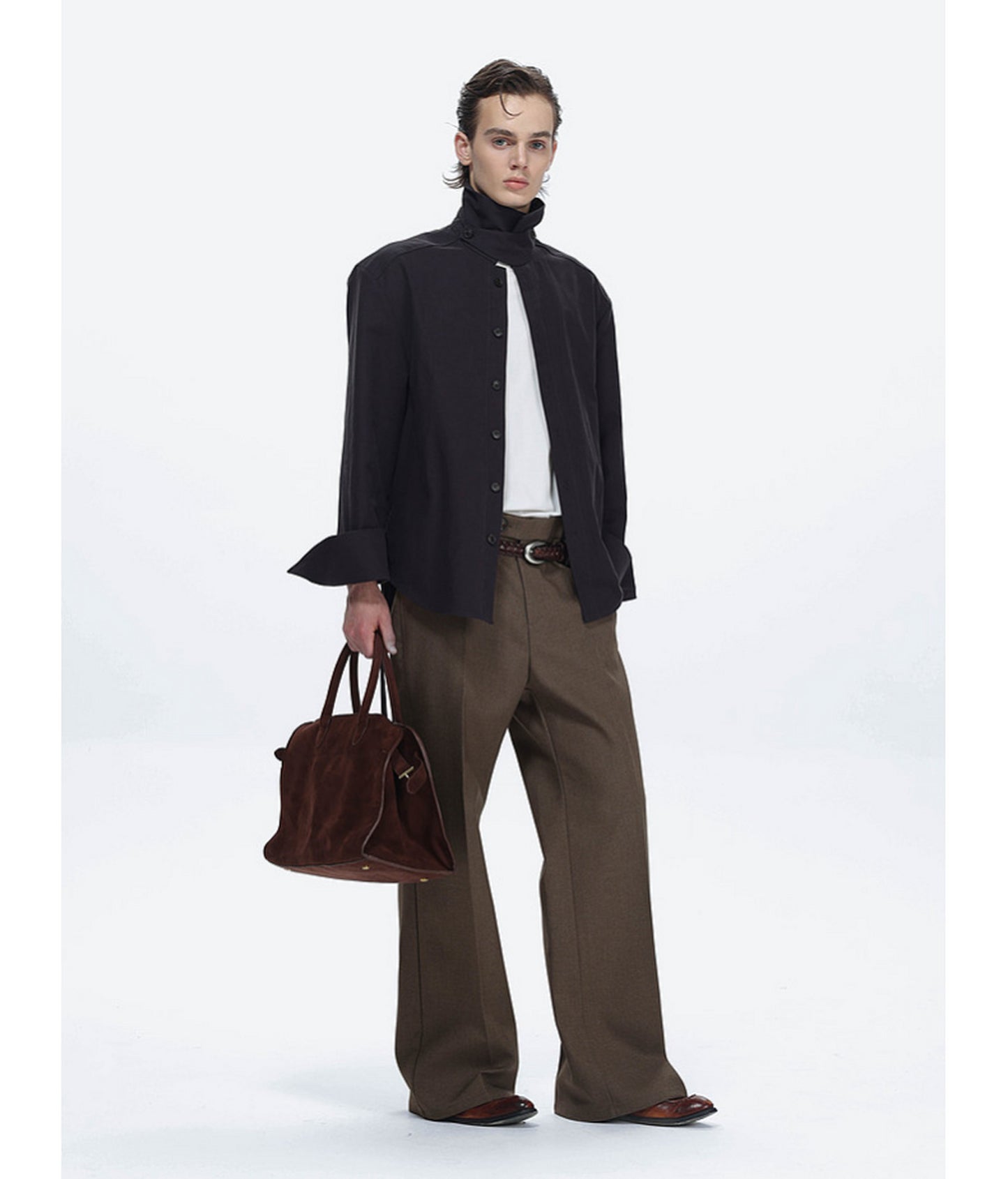 Shirt with Stand-Up Collar and Panel Design