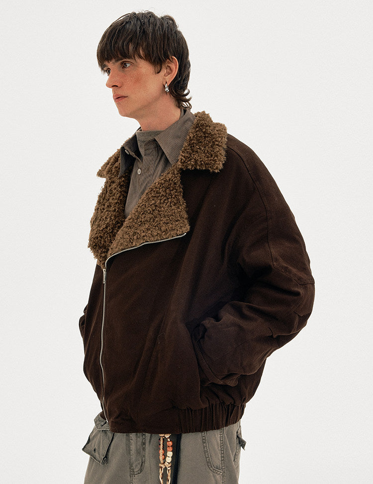 Diagonal Zipper Lambswool Collar Cotton Jacket