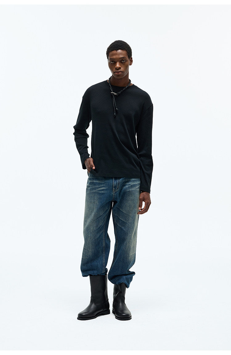 Wrinkle-Processed Red-Edge Denim Pants