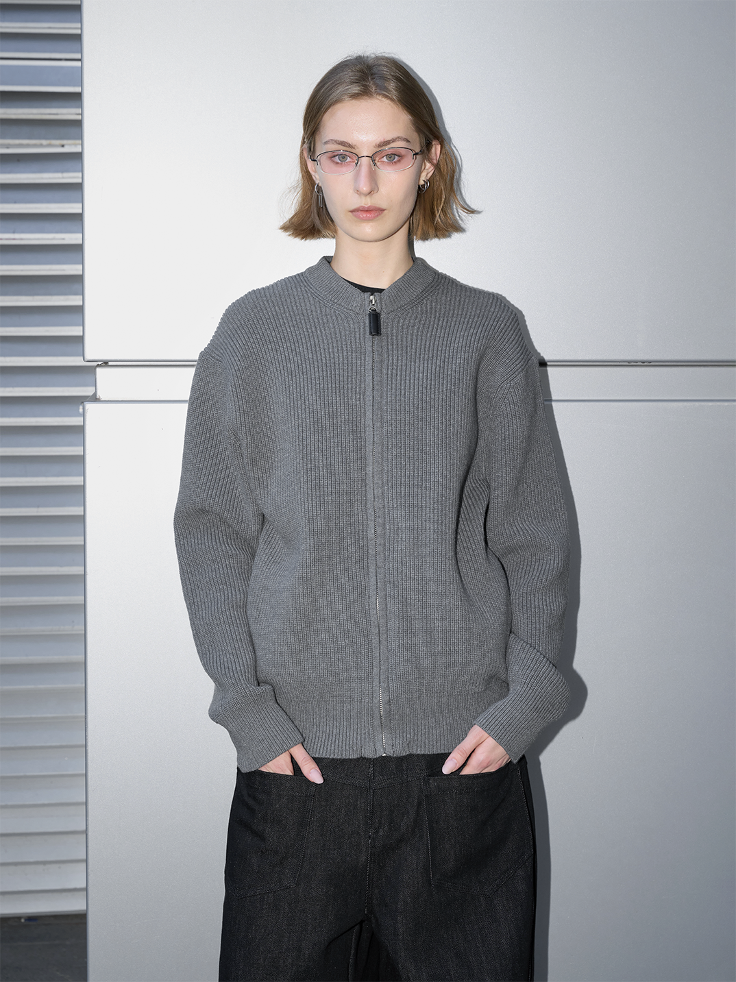 Crew Neck Zip-Up Cardigan