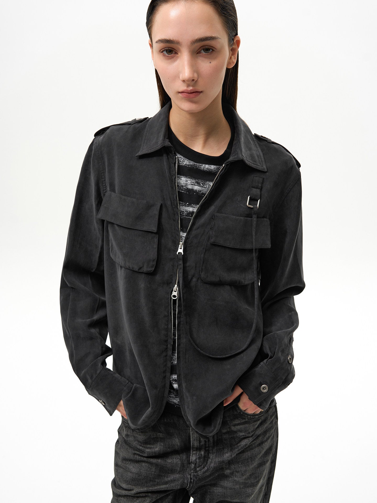 Ribbon Zipper Military Shirt