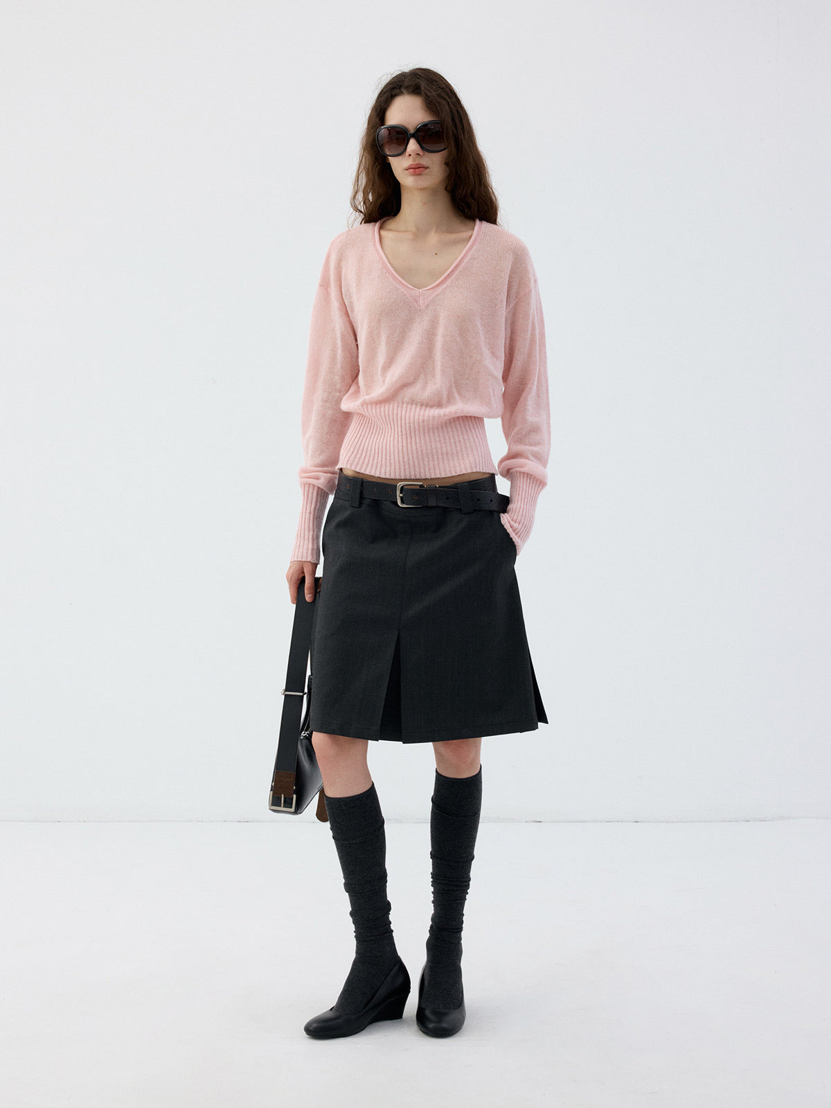 Wool Roll-Sleeve V-Neck Sweater