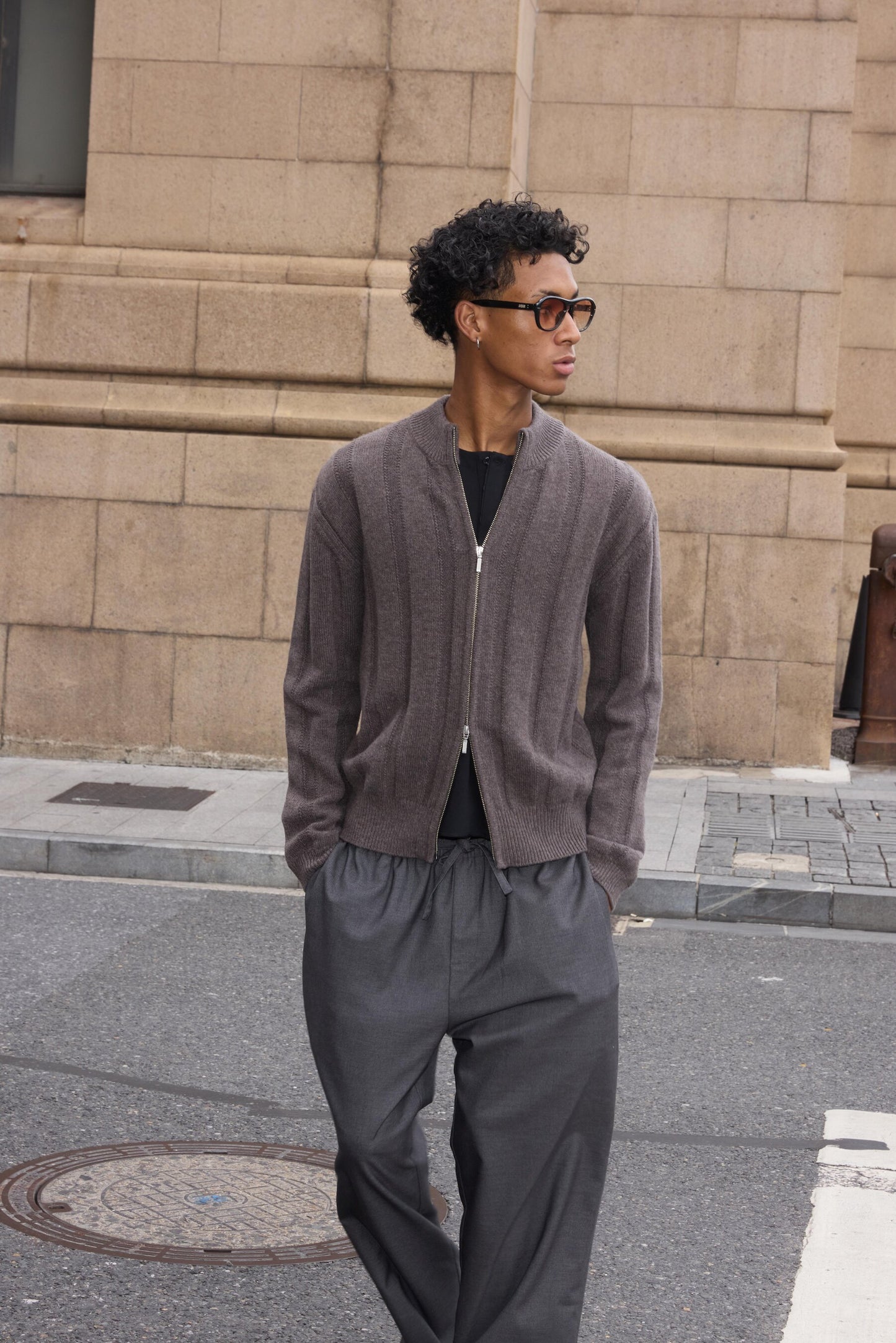 Dark-Striped Jacquard Knit Cardigan