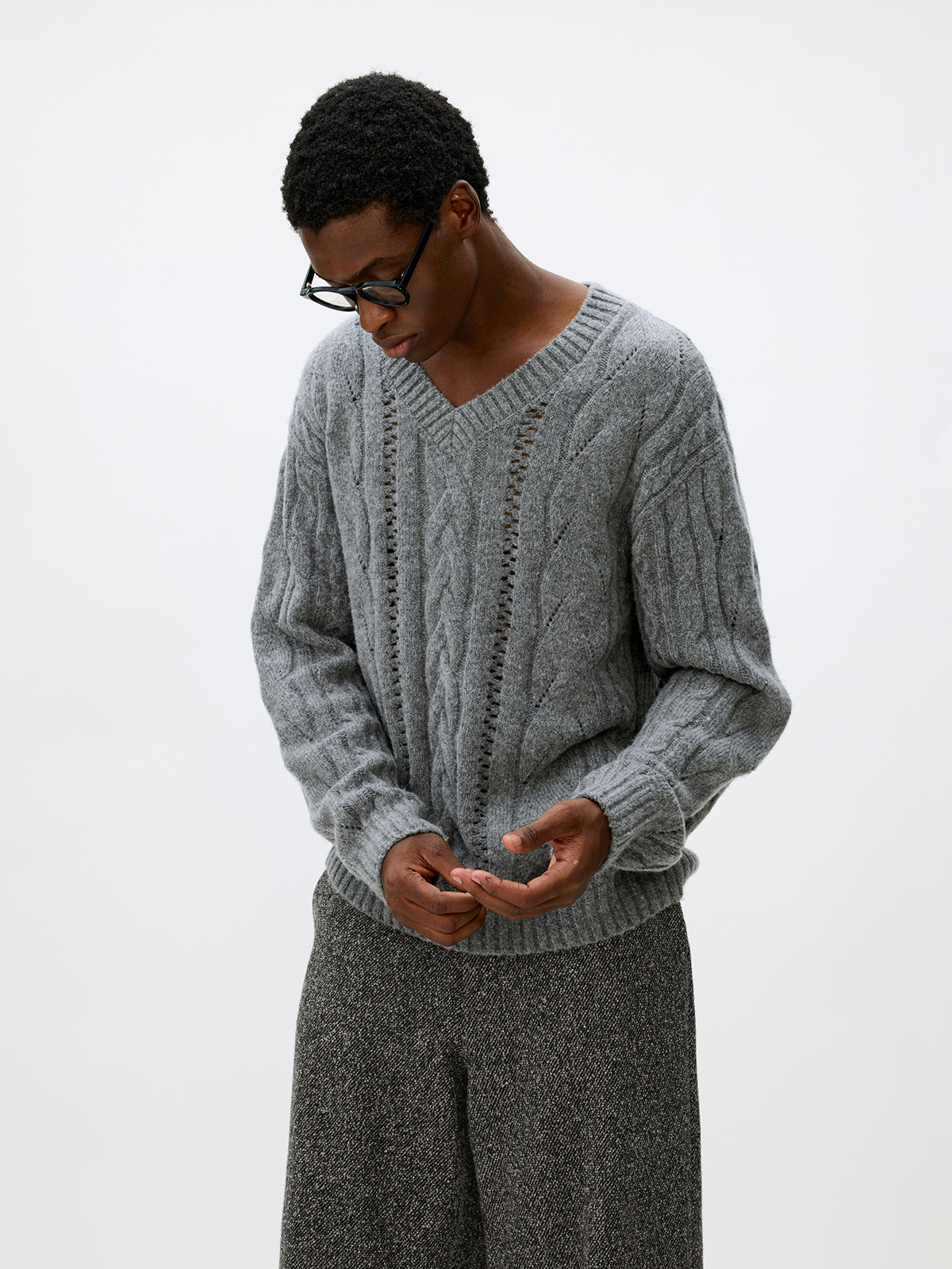 V-neck cable knit sweater