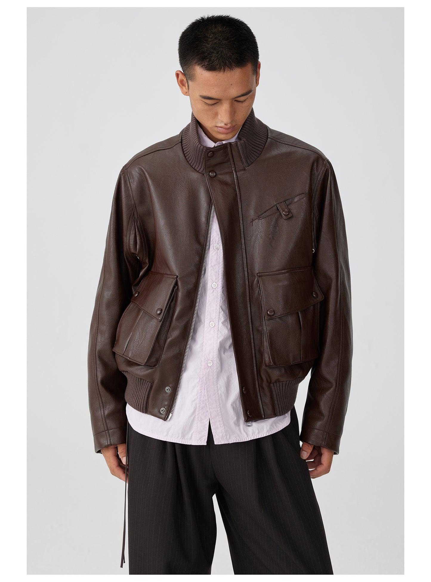 Ribbed stand collar leather jacket