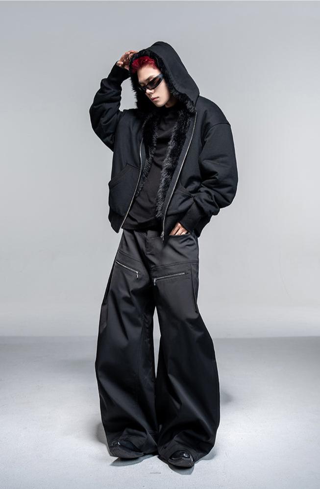 Zipper Reverse Pleated Wide Leg Pants