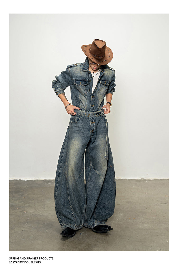Shoulder Pad Denim Jumpsuit