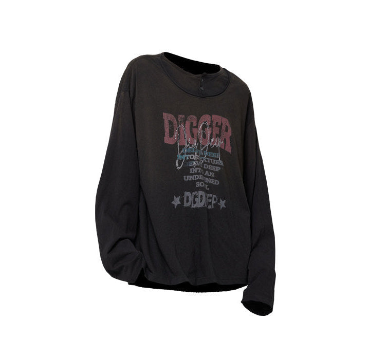 Digitally Printed Vintage-Style Double-Collar T-Shirt