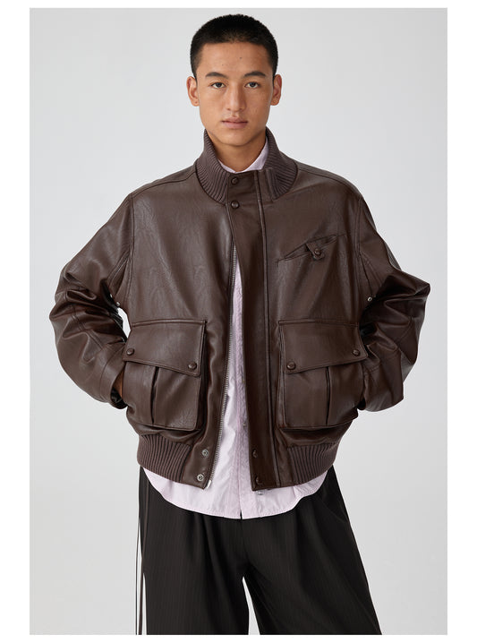 Ribbed stand collar leather jacket