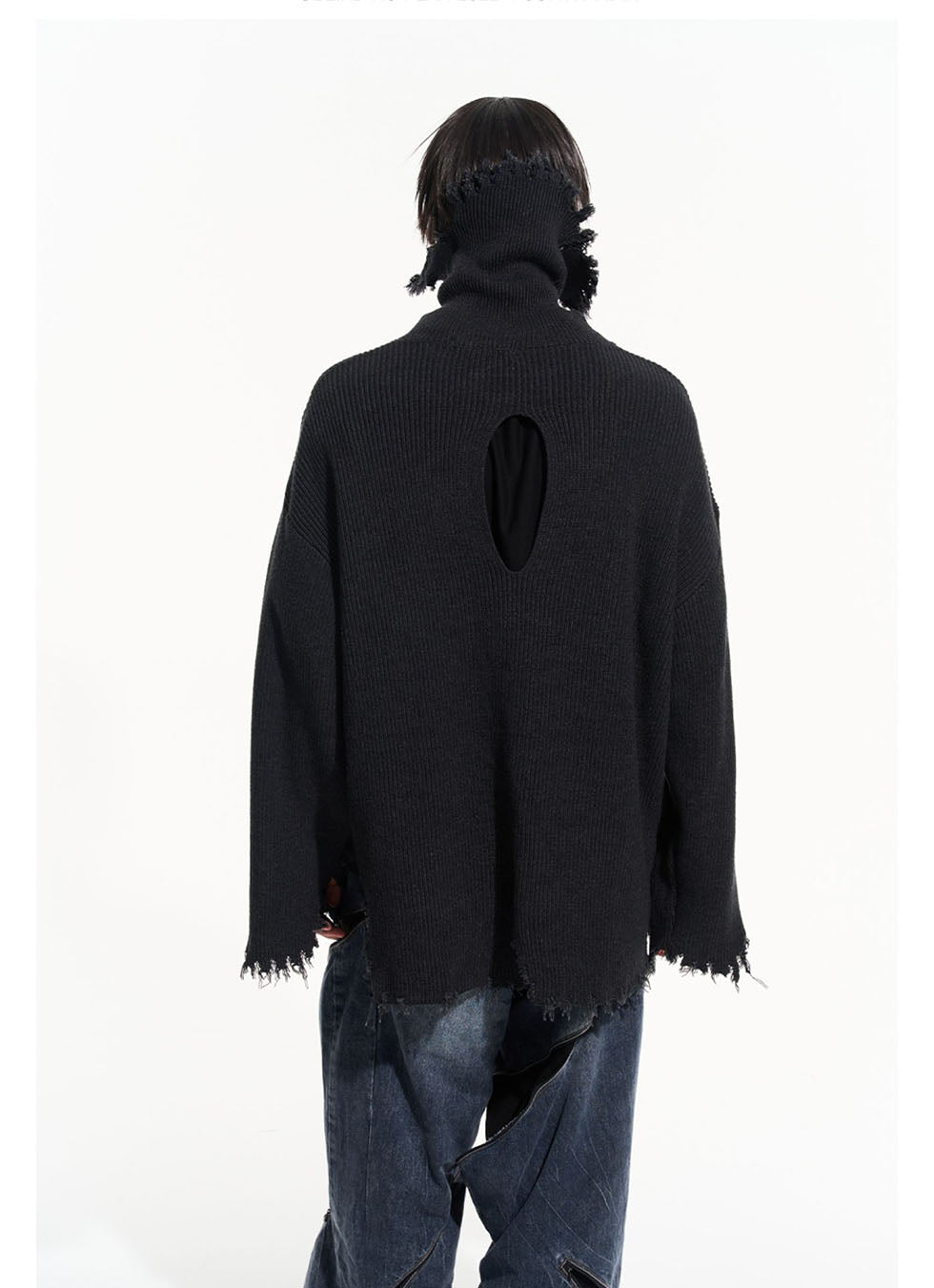 High Neck Destroyed Low Edge Knit Sweater