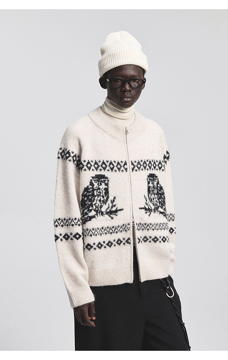 Vintage Animal Jacquard Zipper Cardigan