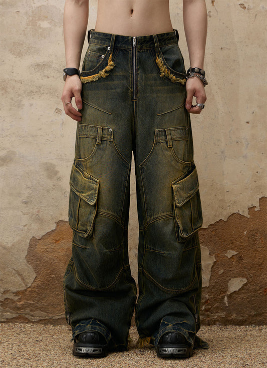 Damaged heavy stitch dirty jeans